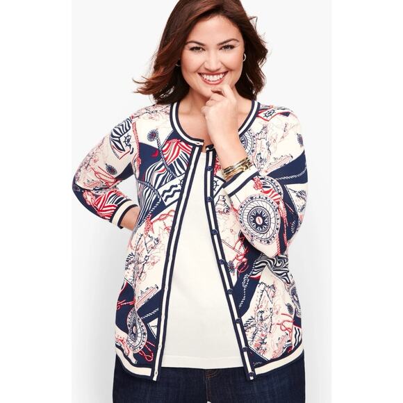 Talbots Printed Sea Map Cardigan Sweater Button Front Long Sleeve Career Sz M - Picture 1 of 8